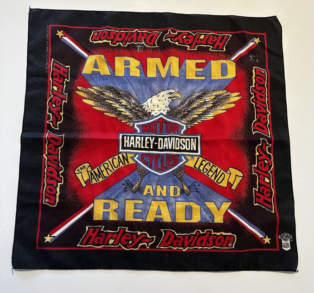 Vtg Harley Davidson Bandana Armed & Ready Eagle American Legend Black Red 21x21